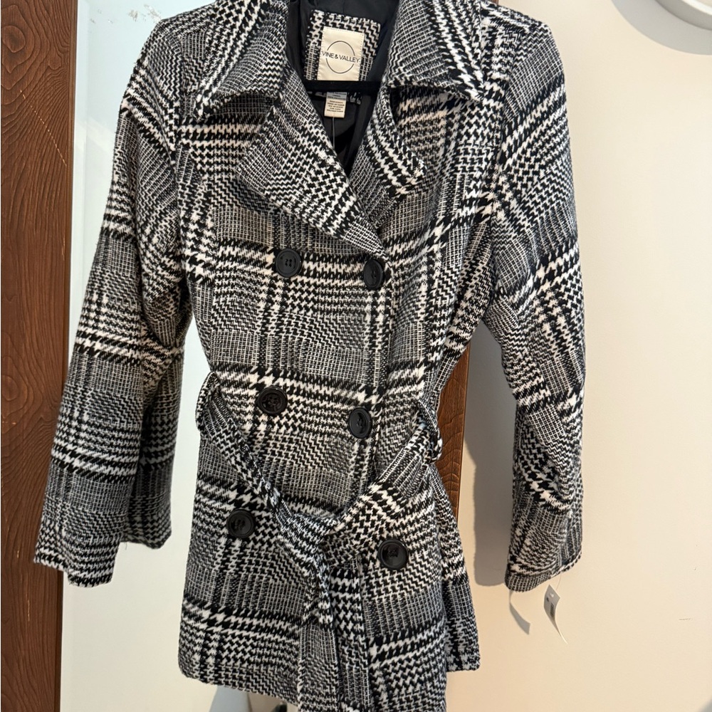 Vine & Balley Black and White Pea Coat with Belted Waist